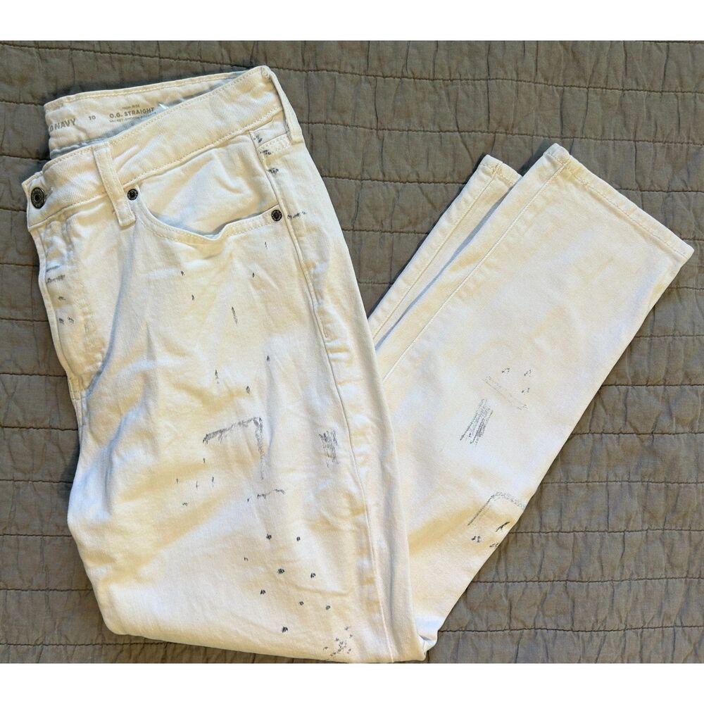 Old Navy Women's High-Rise OG Straight Paint Splatter Ankle Jeans White Size 10